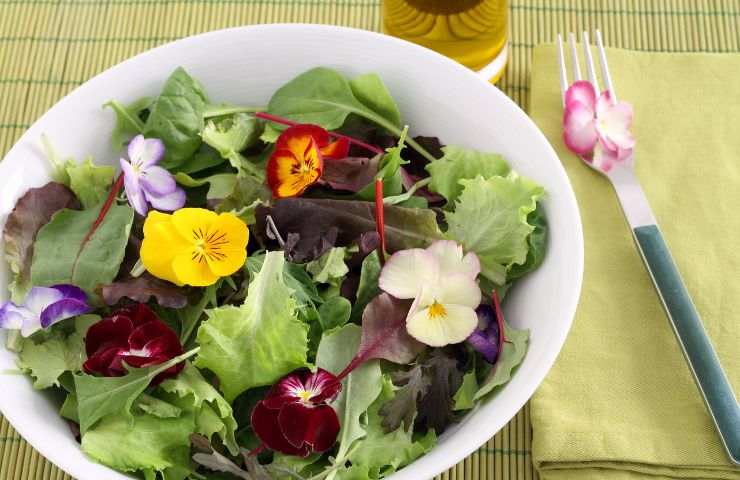 insalata condita con petali fiori