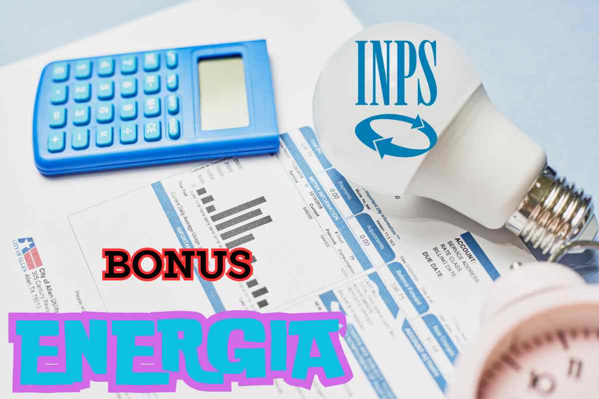 bollette, lampadina, calcolatrice, logo inps e scritta bonus energia